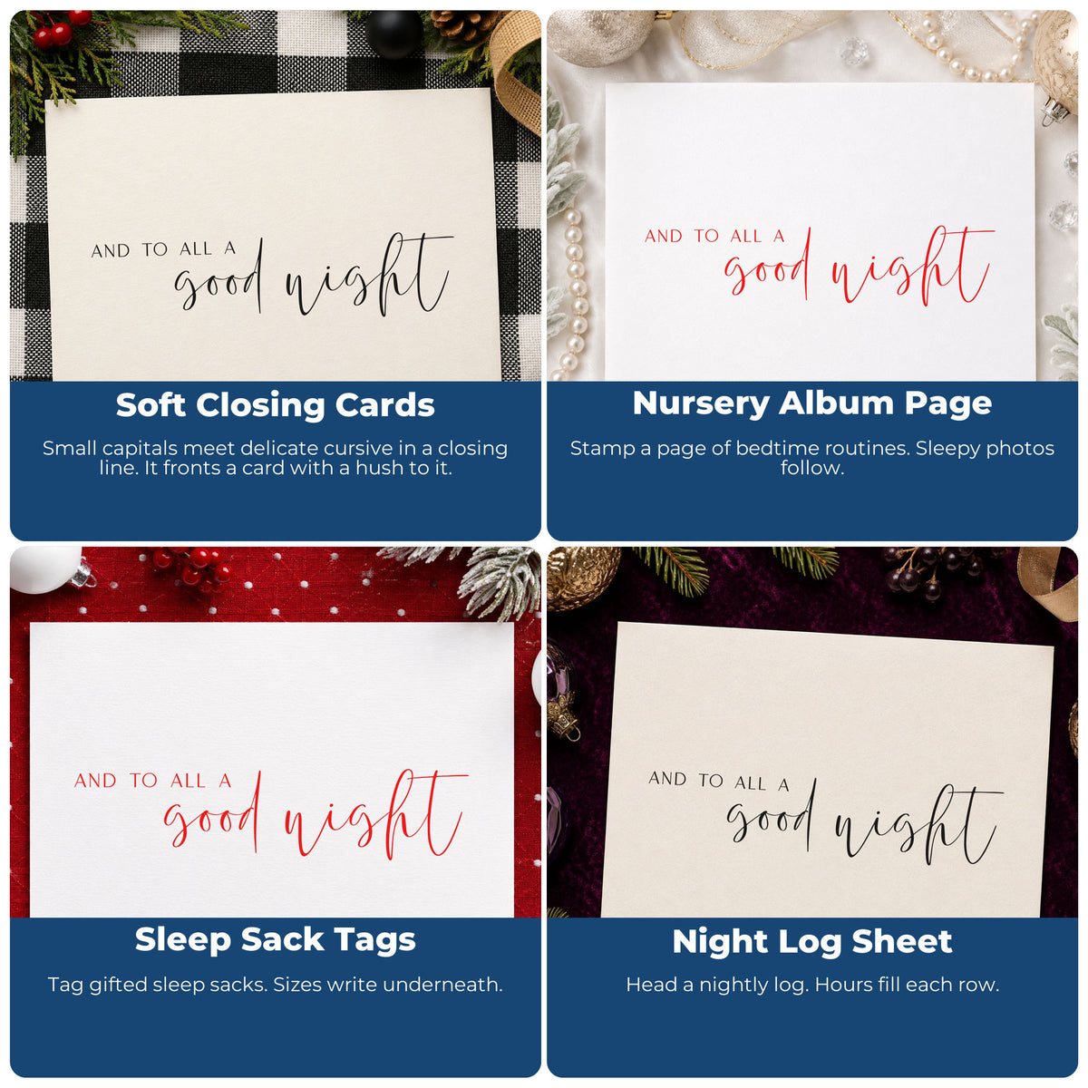 Four ways to use the And To All A Good Night PSI Pre-Inked Stamp: soft closing cards, nursery album page, sleep sack tags and night log sheet.