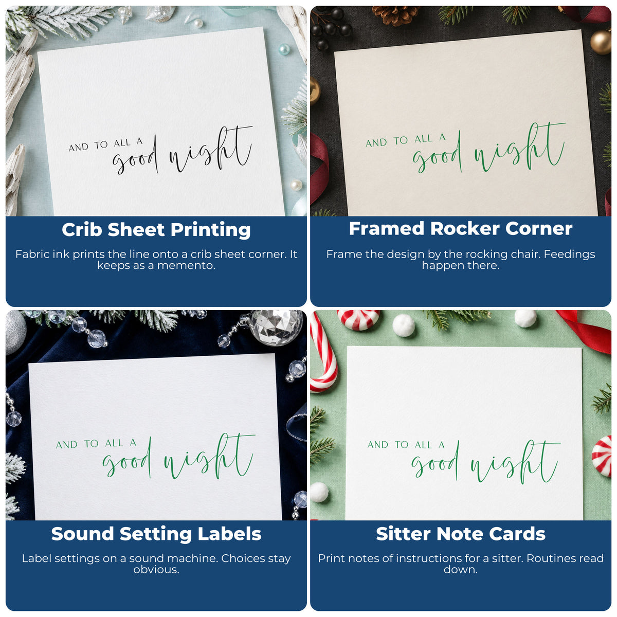 Four ways to use the And To All A Good Night Rubber Stamp – Duo Hand: crib sheet printing, framed rocker corner, sound setting labels and sitter note cards.