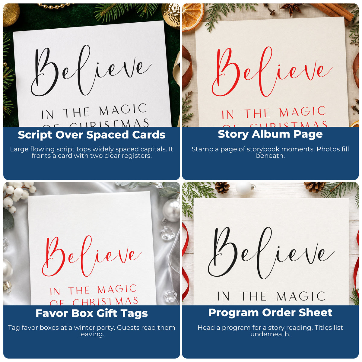 Four ways to use the Believe In Magic Of Christmas Premium Wooden Stamp - Vintage Pro: script over spaced cards, story album page, favor box gift tags and program order sheet.