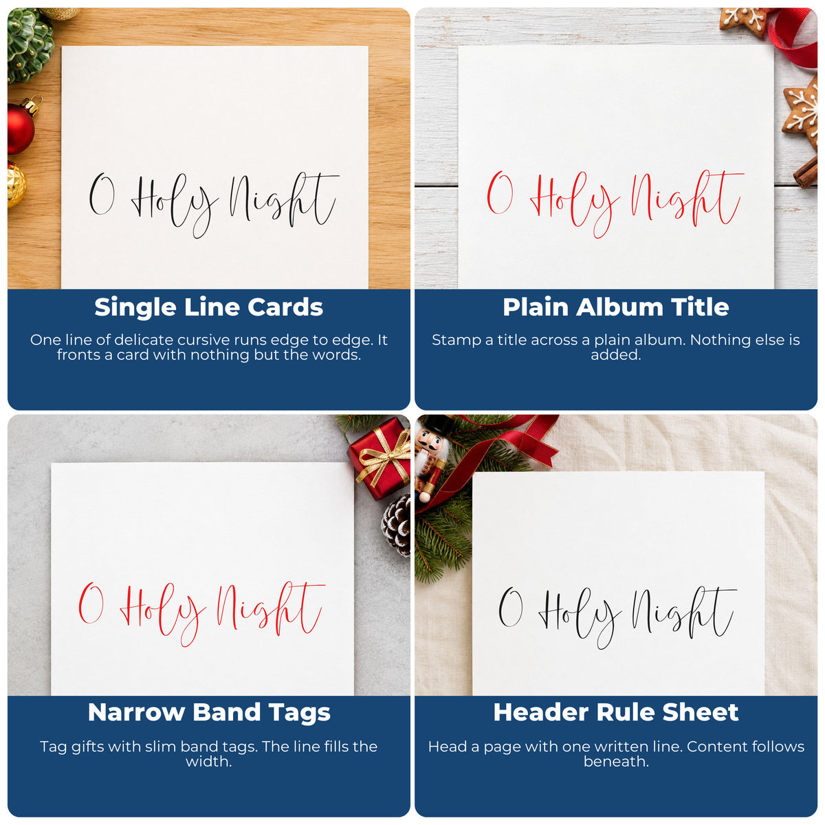 Four ways to use the O Holy Night Fine Script Slim Pre-Inked Stamp: single line cards, plain album title, narrow band tags and header rule sheet.