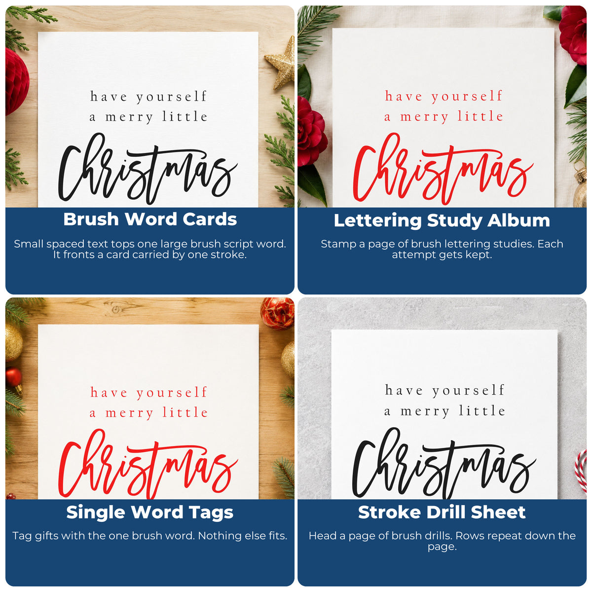 Four ways to use the Duo Hand Have Yourself A Merry Little Christmas Script Lettering Rubber Stamp: brush word cards, lettering study album, single word tags and stroke drill sheet.