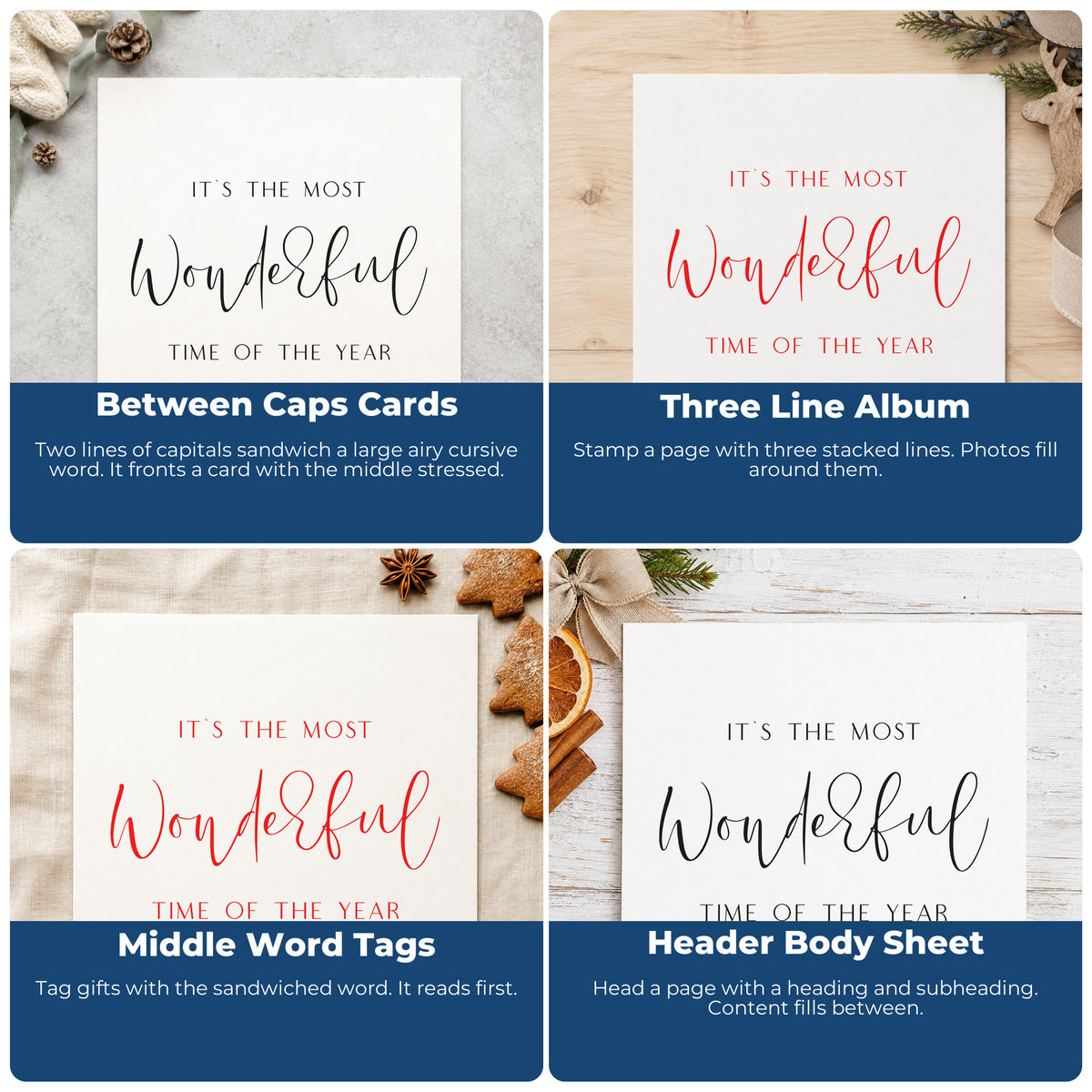 Four ways to use the Wonderful Time Of Year Script Lettering PSI Pre-Inked Stamp: between caps cards, three line album, middle word tags and header body sheet.