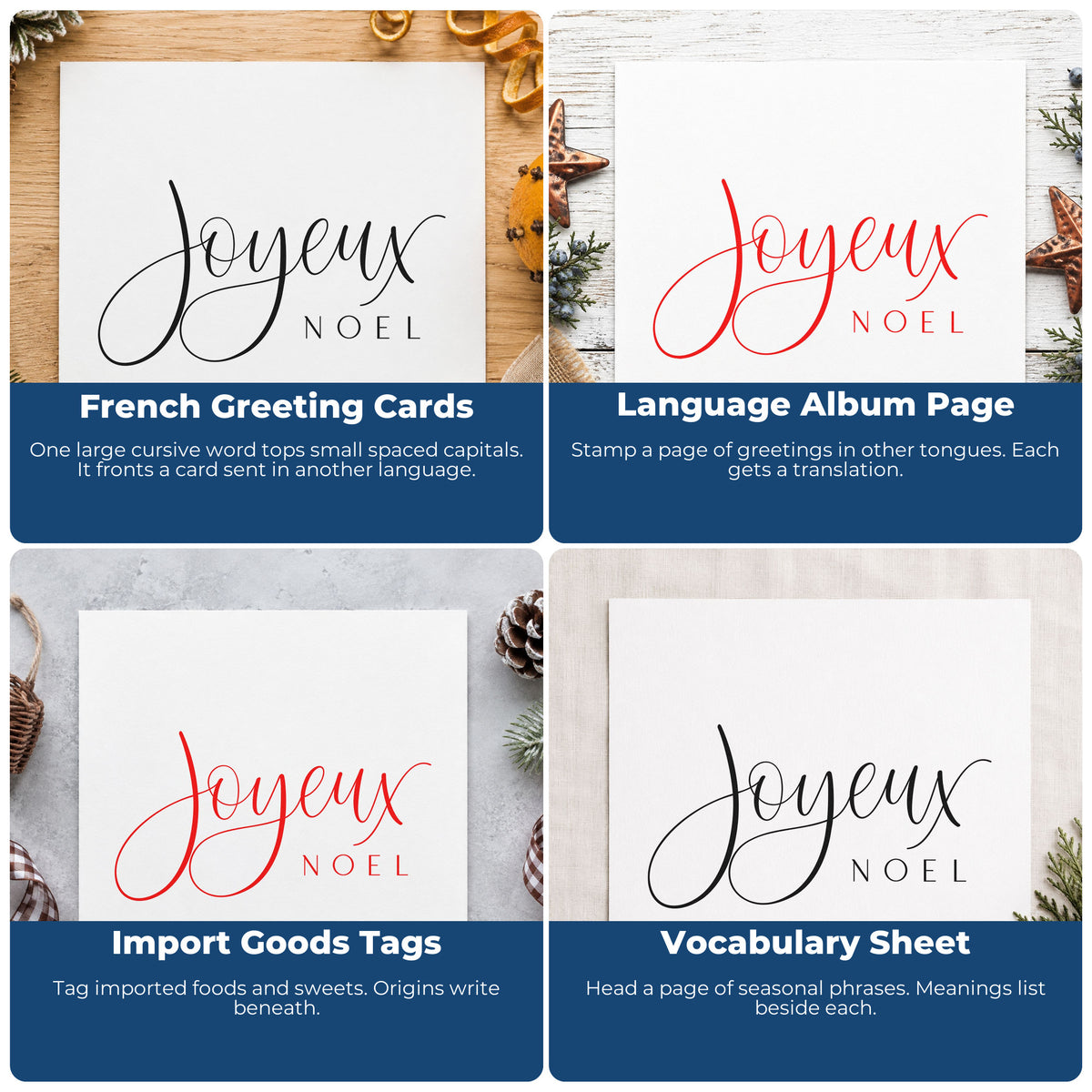 Four ways to use the Joyeux Noel Craft Stamp – Self-Inking: french greeting cards, language album page, import goods tags and vocabulary sheet.
