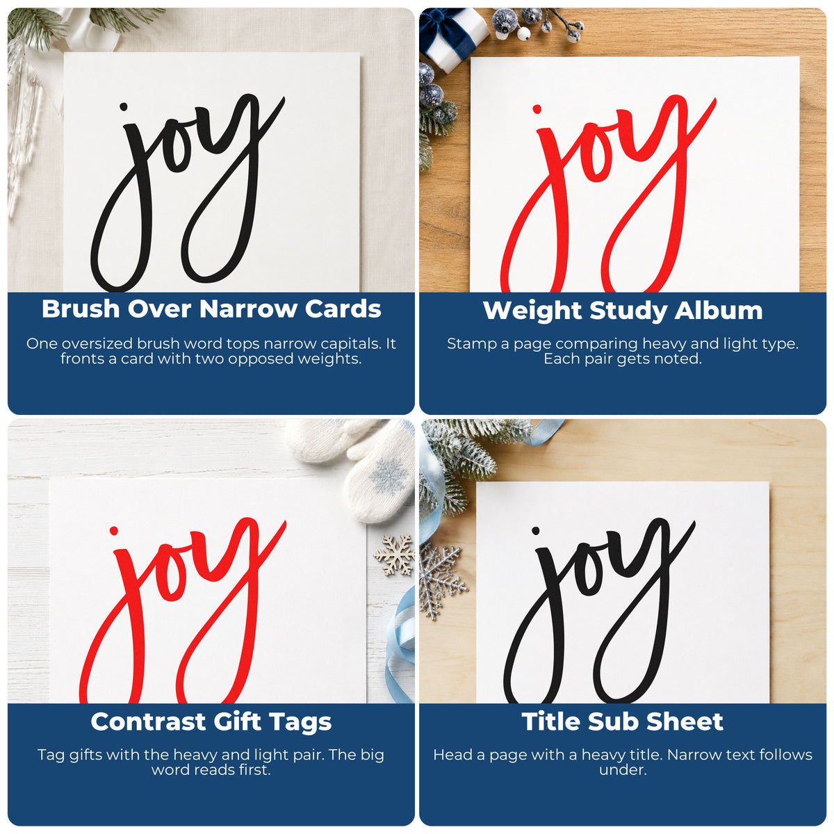 Four ways to use the Joy To The World Brush Stamp – Wood Handle: brush over narrow cards, weight study album, contrast gift tags and title sub sheet.