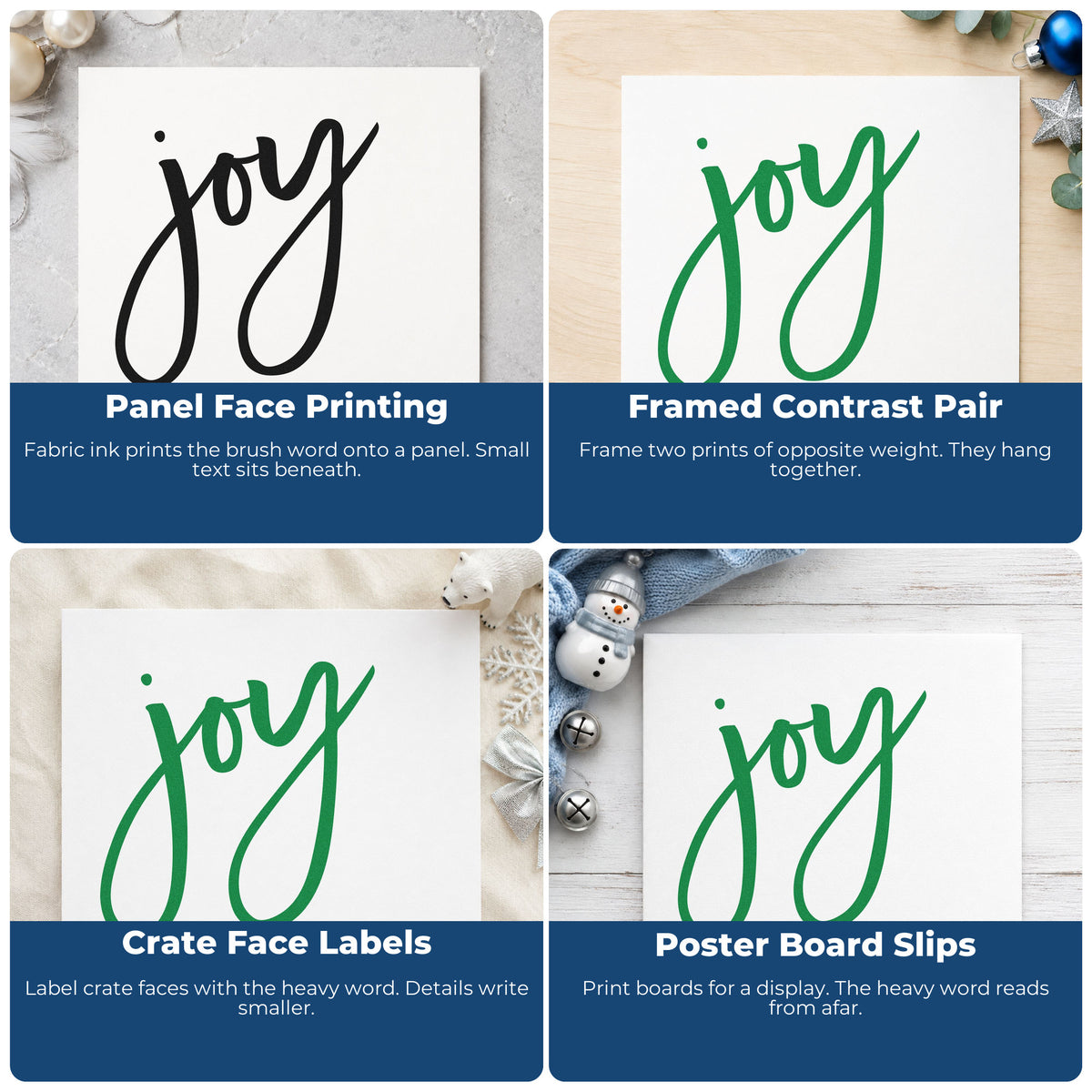 Four ways to use the Joy To The World Brush Stamp – Wood Handle: panel face printing, framed contrast pair, crate face labels and poster board slips.