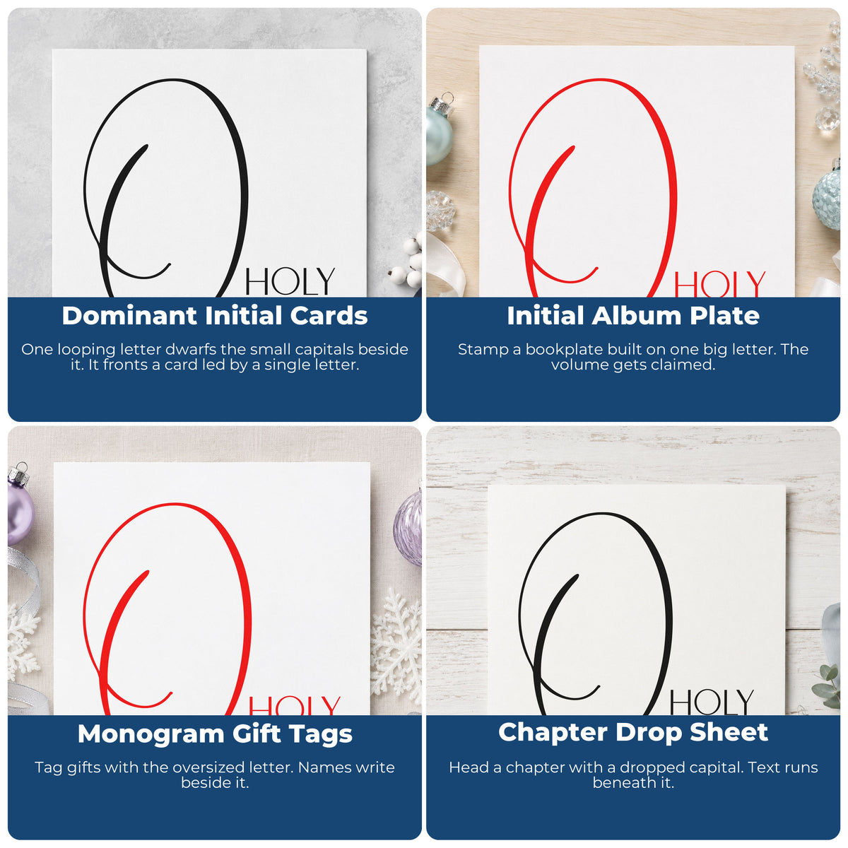 Four ways to use the Slim Pre-Inked O Holy Night Flourished O Stamp: dominant initial cards, initial album plate, monogram gift tags and chapter drop sheet.