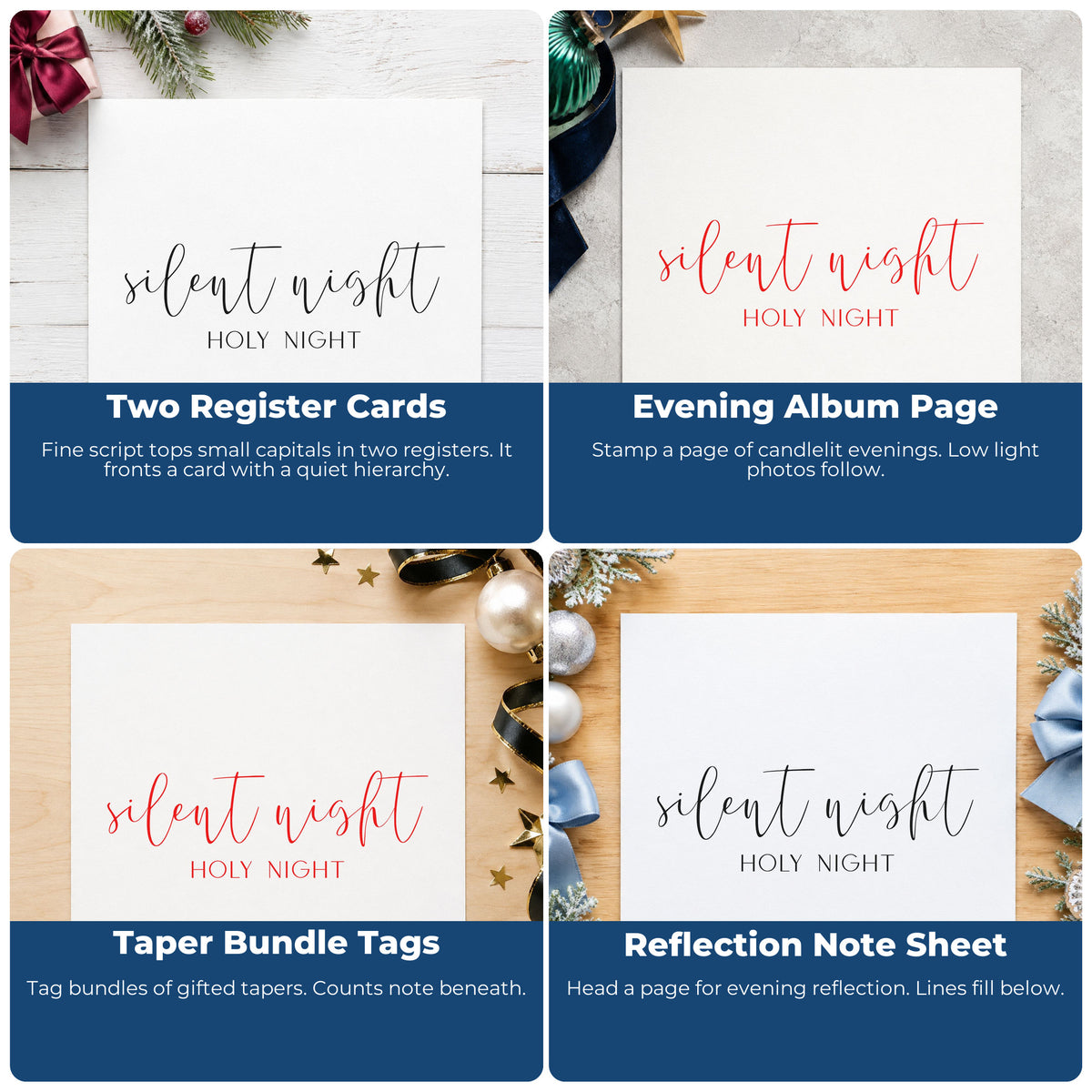 Four ways to use the Silent Night Holy Night Script Lettering Hand Stamp – Duo: two register cards, evening album page, taper bundle tags and reflection note sheet.