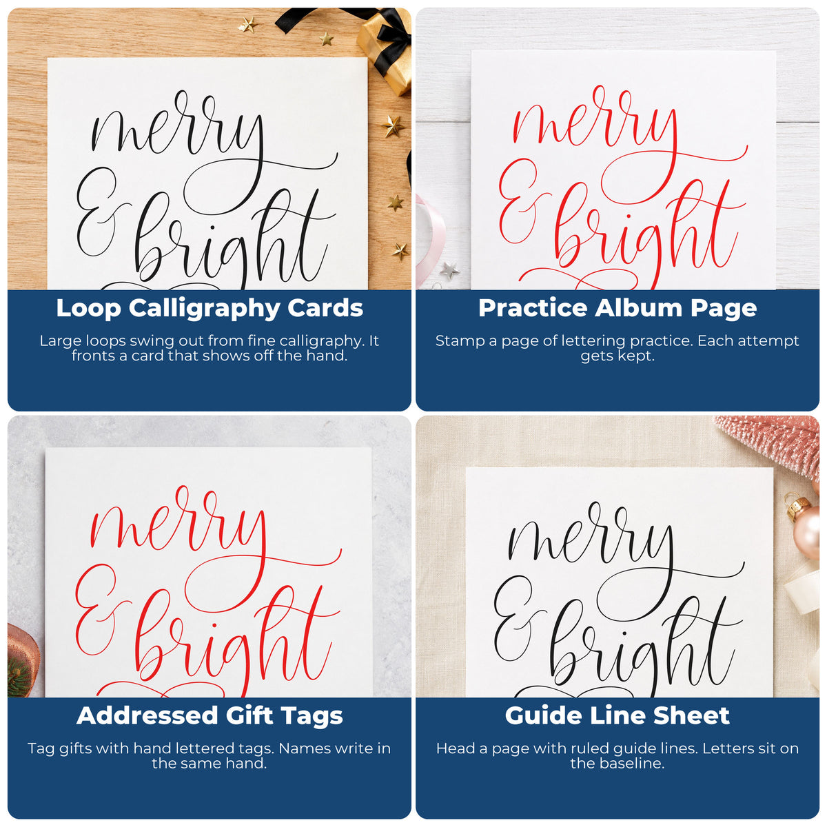 Four ways to use the Self-Inking Merry And Bright Looped Script Stamp: loop calligraphy cards, practice album page, addressed gift tags and guide line sheet.