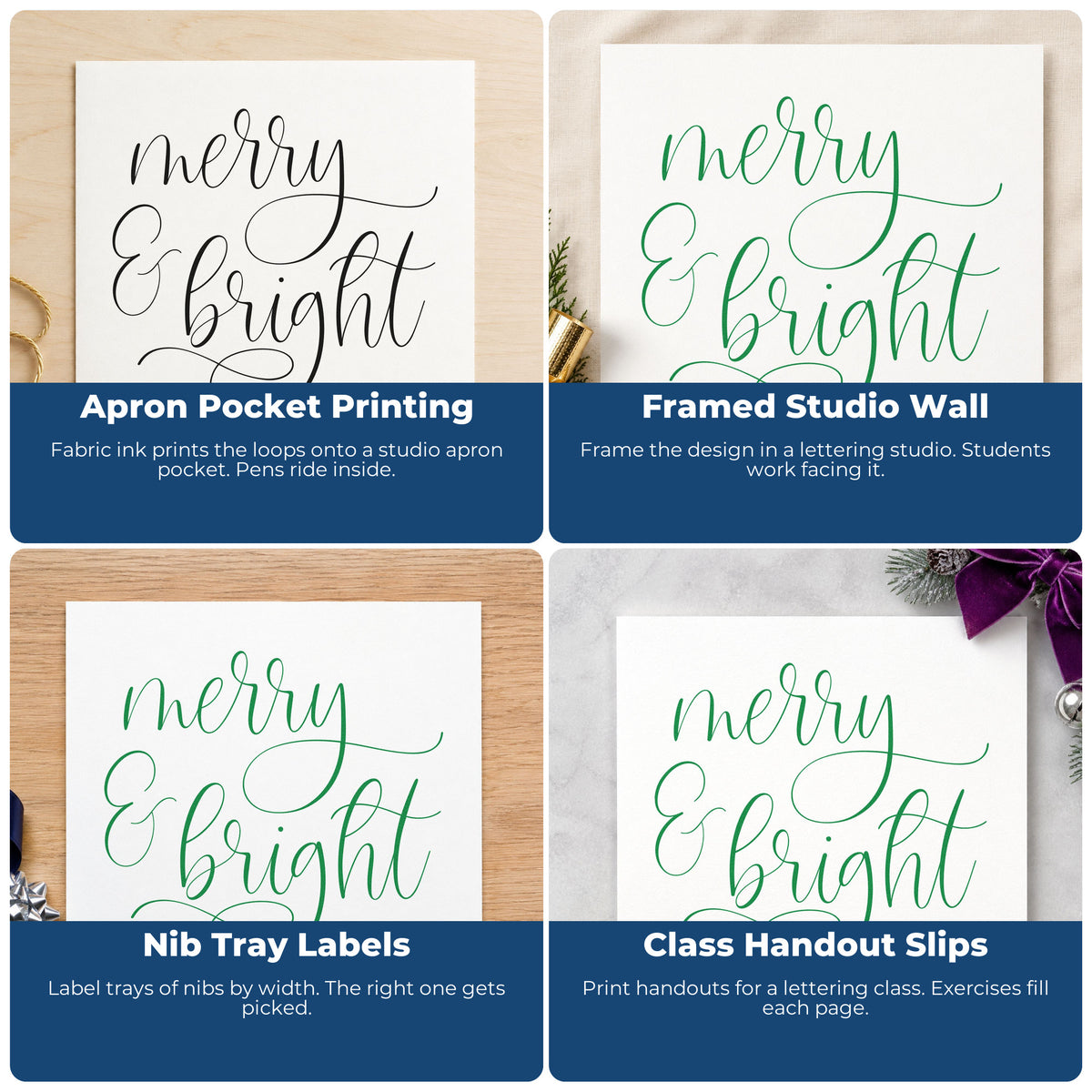 Four ways to use the Merry And Bright Looped Script Stamp – Duo Hand: apron pocket printing, framed studio wall, nib tray labels and class handout slips.