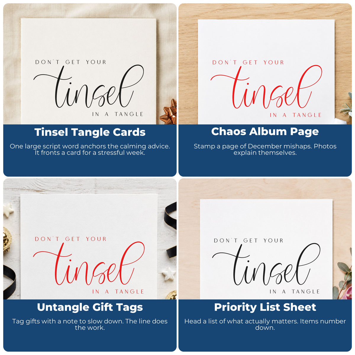 Four ways to use the Don't Get Tinsel Tangled Script Lettering Stamp – Self-Inking: tinsel tangle cards, chaos album page, untangle gift tags and priority list sheet.