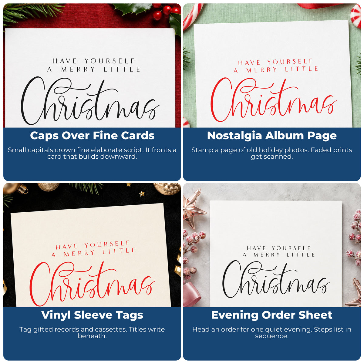 Four ways to use the Merry Little Christmas Calligraphy Self-Inking Stamp: caps over fine cards, nostalgia album page, vinyl sleeve tags and evening order sheet.