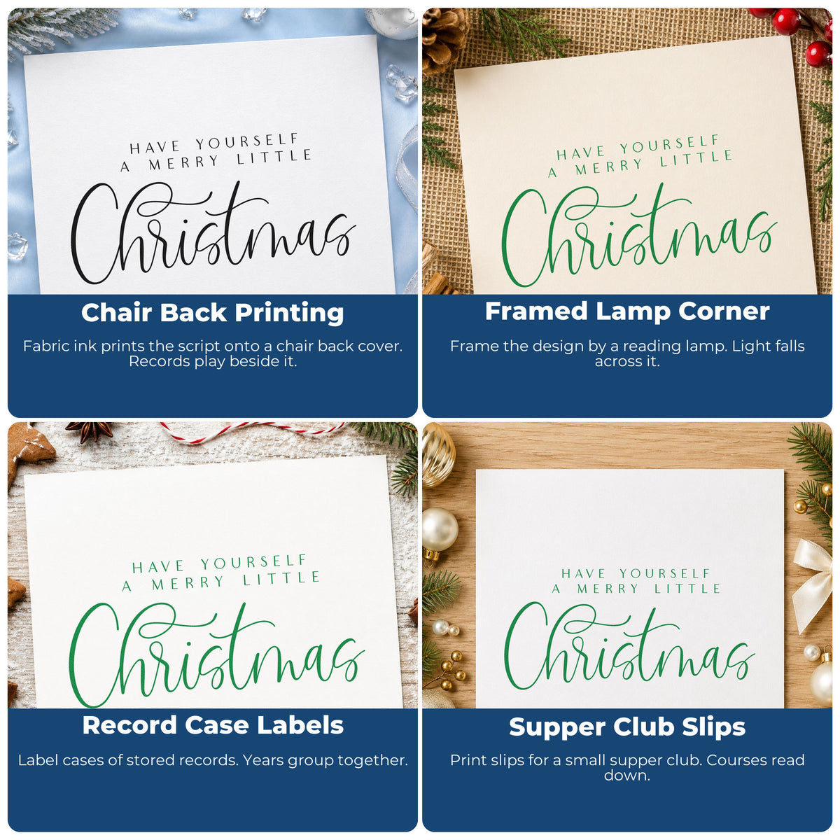 Four ways to use the Vintage Pro Merry Little Christmas Calligraphy Premium Wooden Stamp: chair back printing, framed lamp corner, record case labels and supper club slips.