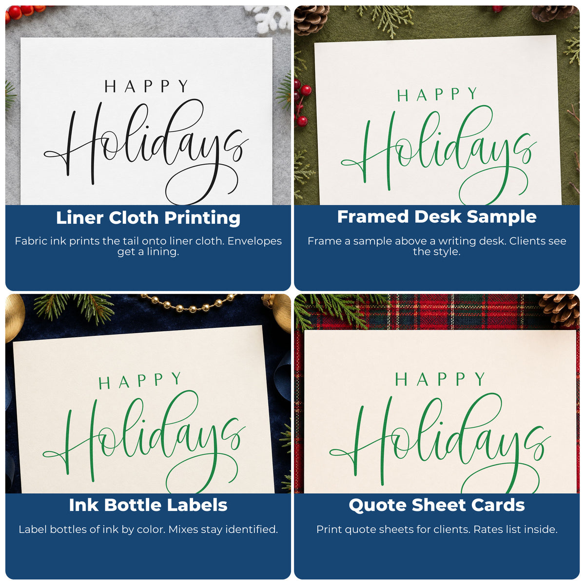 Four ways to use the Happy Holidays Thin Calligraphy Block Lettering PSI Pre-Inked Stamp: liner cloth printing, framed desk sample, ink bottle labels and quote sheet cards.