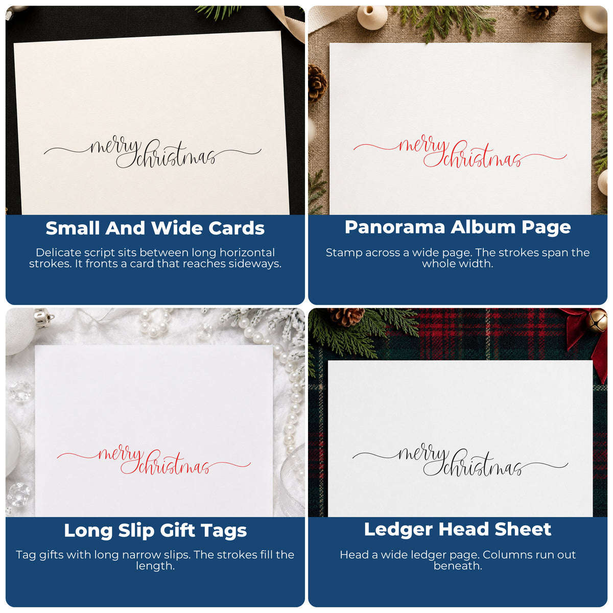 Four ways to use the Merry Christmas Fine Flourishes Premium Wood-Mounted Stamp - Vintage Pro: small and wide cards, panorama album page, long slip gift tags and ledger head sheet.