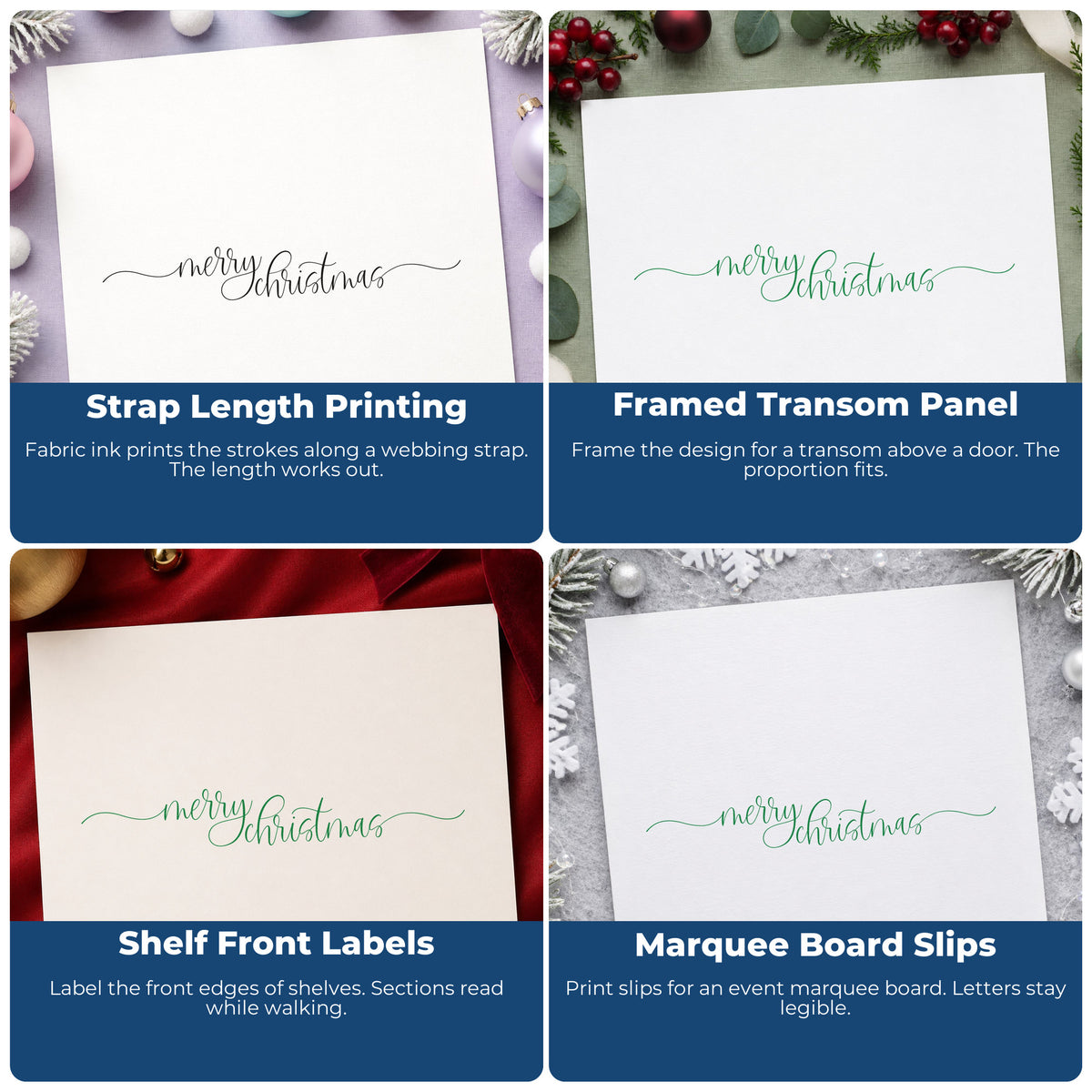 Four ways to use the Merry Christmas Fine Flourishes Premium Wood-Mounted Stamp - Vintage Pro: strap length printing, framed transom panel, shelf front labels and marquee board slips.