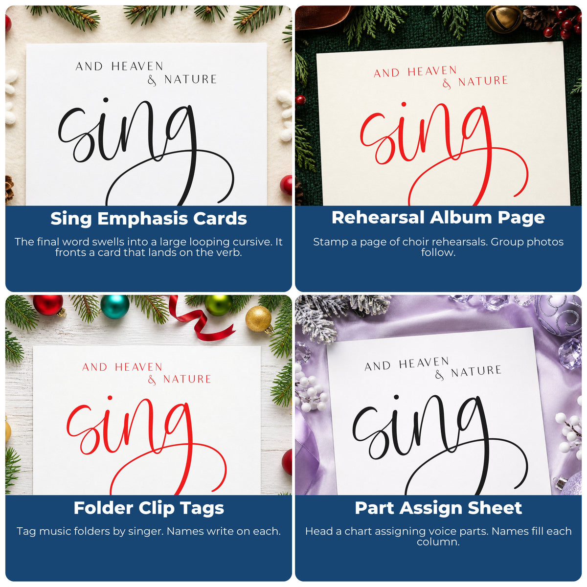 Four ways to use the Heaven And Nature Sing Lettering Rubber Stamp – Wood Handle: sing emphasis cards, rehearsal album page, folder clip tags and part assign sheet.