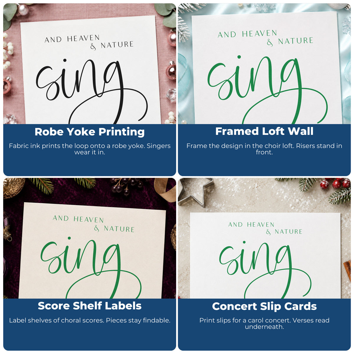 Four ways to use the Heaven And Nature Sing Lettering Rubber Stamp – Wood Handle: robe yoke printing, framed loft wall, score shelf labels and concert slip cards.
