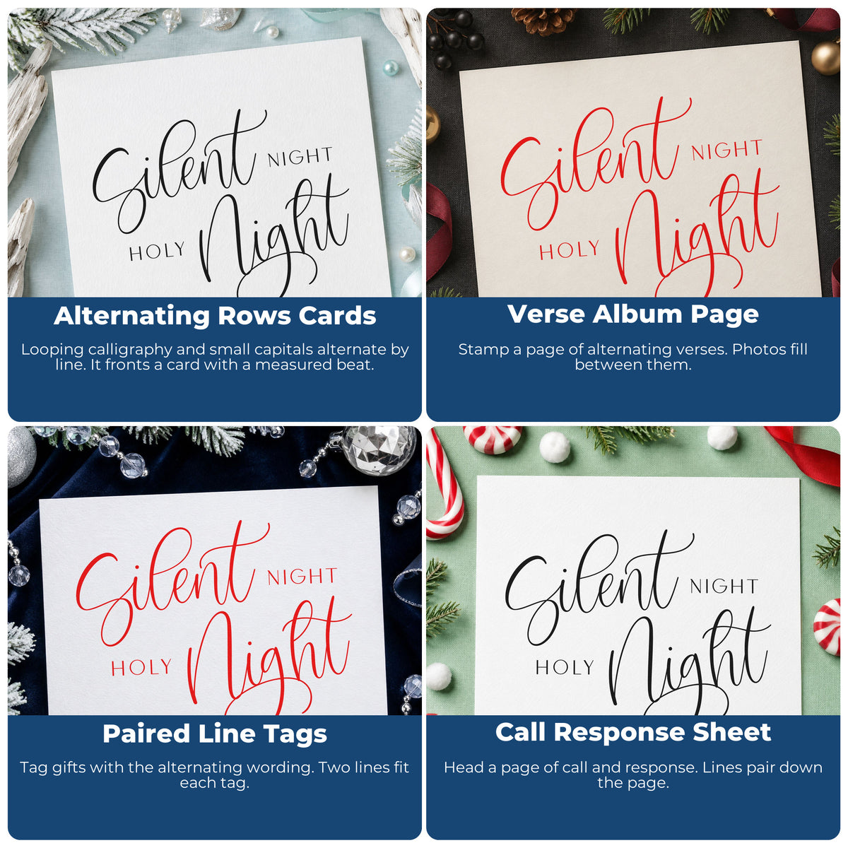 Four ways to use the Silent Night Holy Night Calligraphy Wood Handle Stamp: alternating rows cards, verse album page, paired line tags and call response sheet.