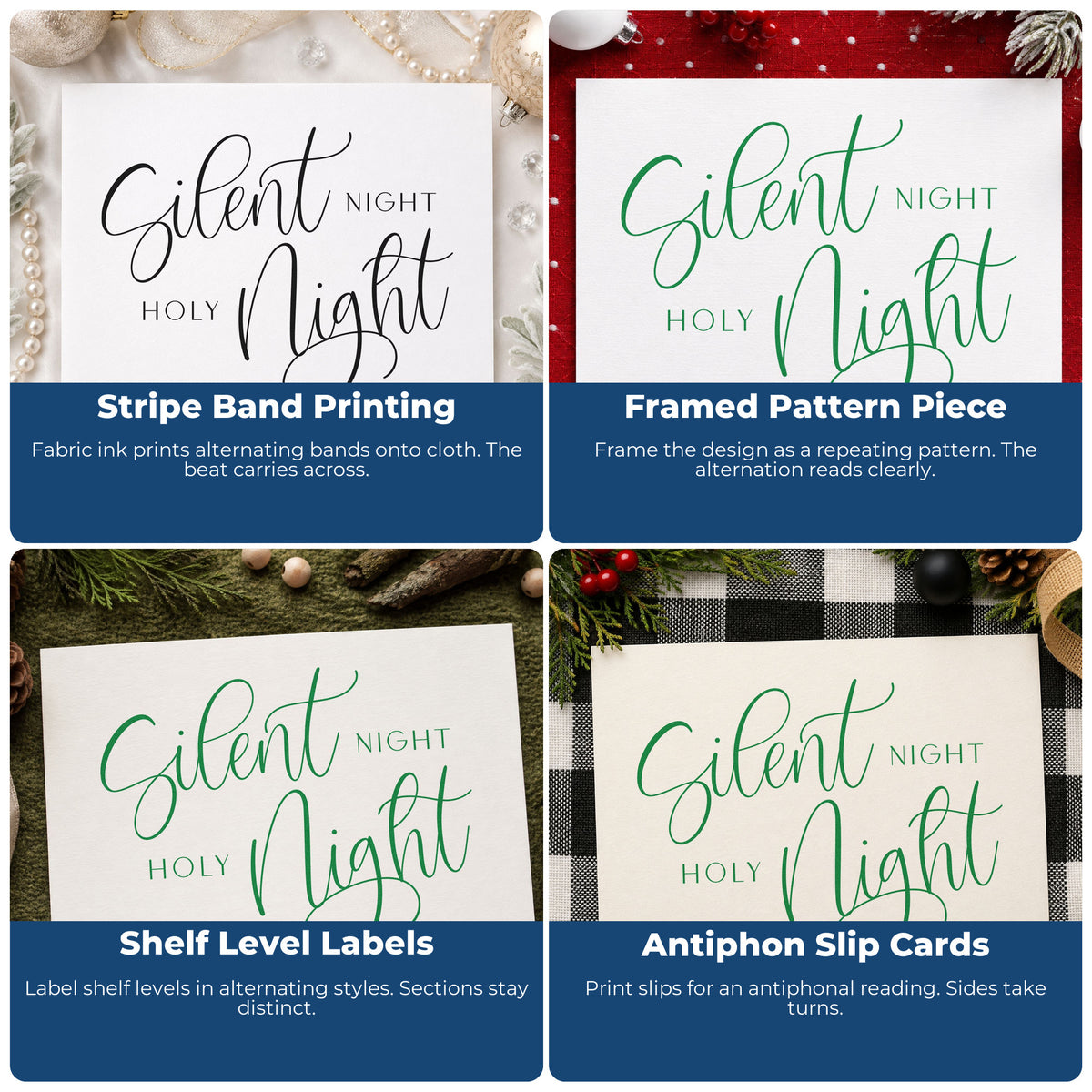 Four ways to use the Silent Night Holy Night Calligraphy Wood Handle Stamp: stripe band printing, framed pattern piece, shelf level labels and antiphon slip cards.