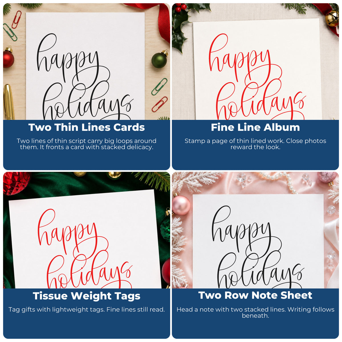 Four ways to use the Happy Holidays Flourished Calligraphy Script Lettering PSI Pre-Inked Stamp: two thin lines cards, fine line album, tissue weight tags and two row note sheet.