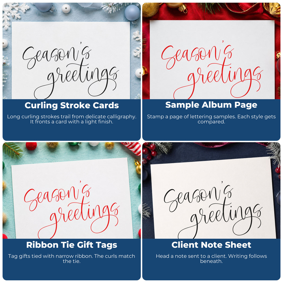 Four ways to use the Season's Greetings Fine Calligraphy Rubber Stamp – Wood Handle: curling stroke cards, sample album page, ribbon tie gift tags and client note sheet.