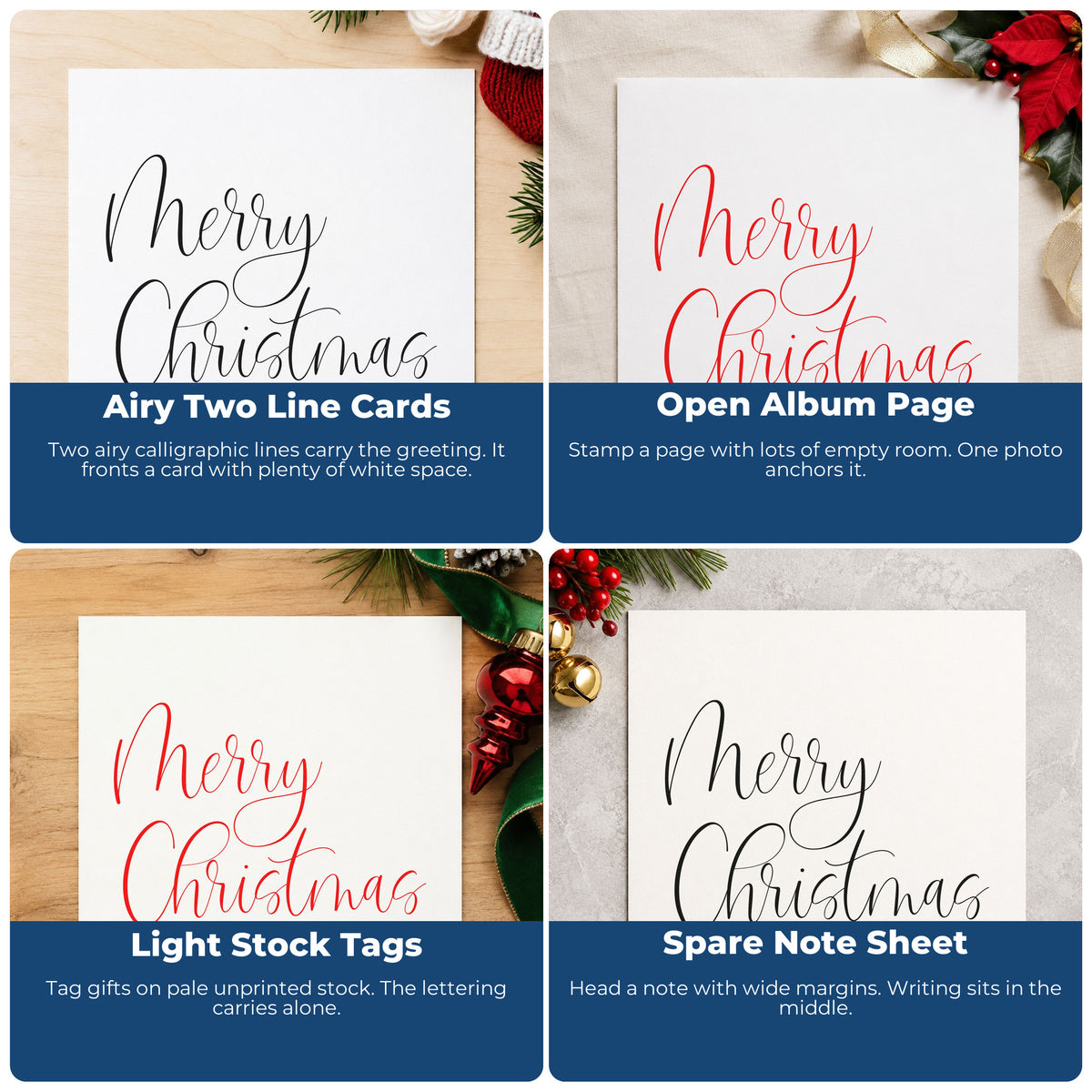 Four ways to use the Merry Christmas Airy Calligraphy Slim Pre-Inked Stamp: airy two line cards, open album page, light stock tags and spare note sheet.