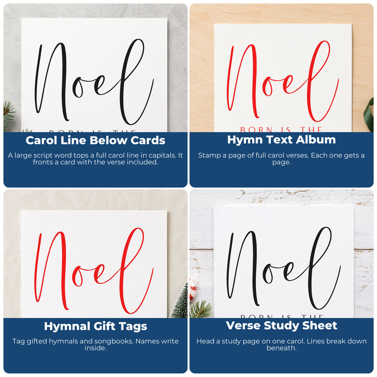 Four ways to use the Noel King Of Israel Script Lettering Hand Stamp – Duo: carol line below cards, hymn text album, hymnal gift tags and verse study sheet.