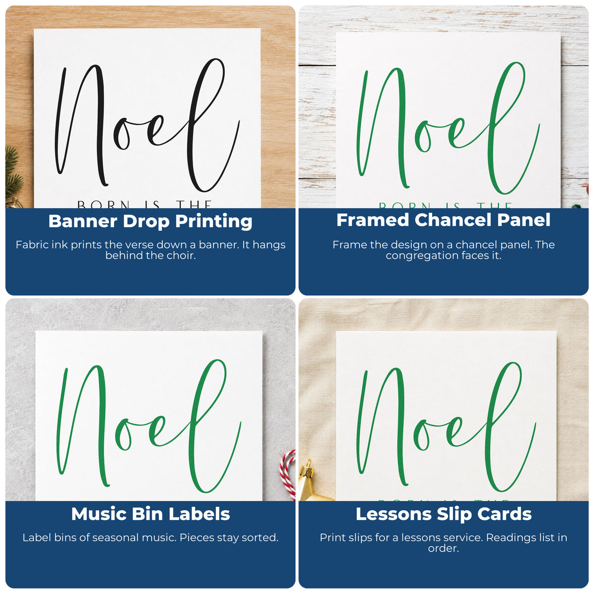 Four ways to use the Noel King Of Israel Script Lettering Stamp - Premium Vintage Pro Wooden: banner drop printing, framed chancel panel, music bin labels and lessons slip cards.