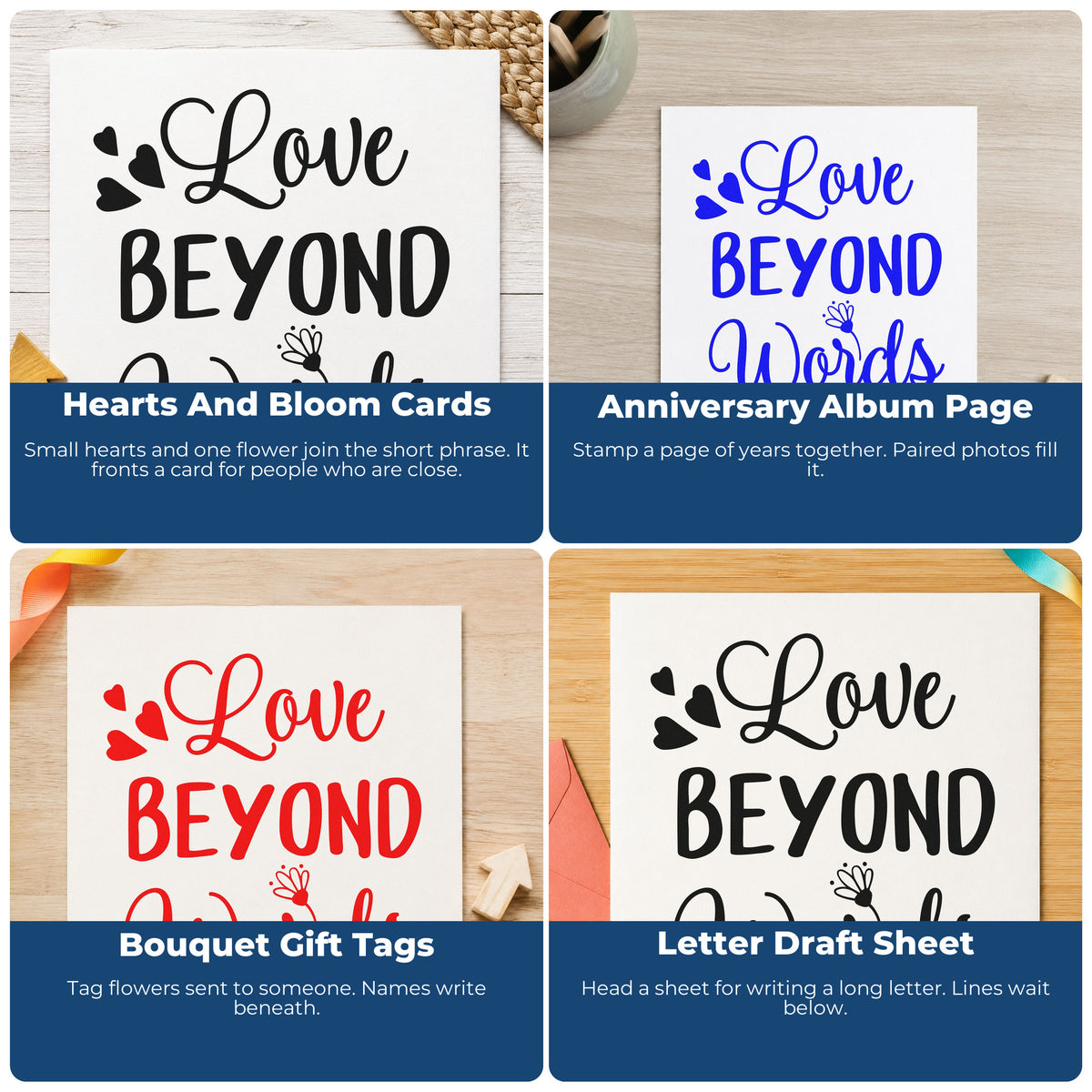 Four ways to use the Love Beyond Words Hearts Self-Inking Stamp: hearts and bloom cards, anniversary album page, bouquet gift tags and letter draft sheet.