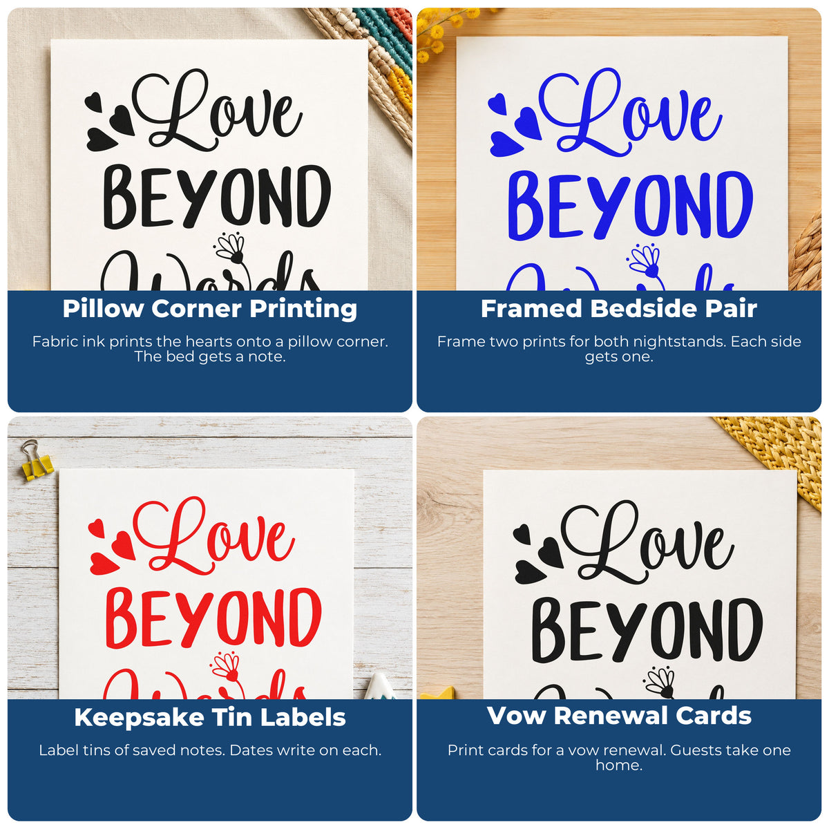Four ways to use the Love Beyond Words Hearts Premium Wooden Stamp - Vintage Pro: pillow corner printing, framed bedside pair, keepsake tin labels and vow renewal cards.