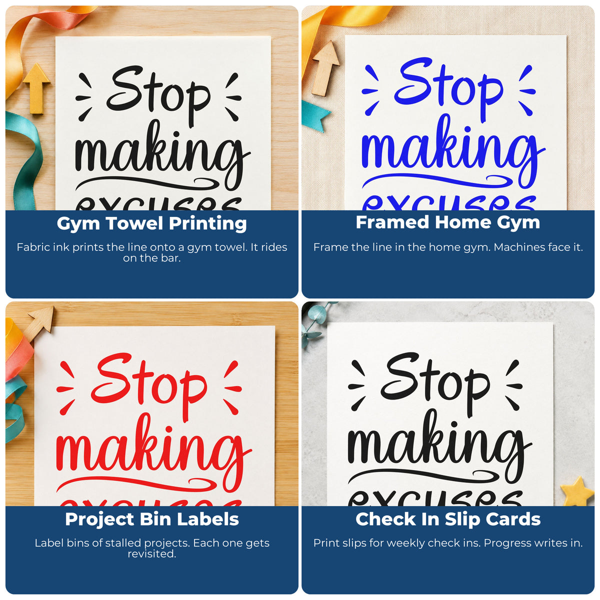 Four ways to use the Stop Making Excuses Stamp – Self-Inking: gym towel printing, framed home gym, project bin labels and check in slip cards.