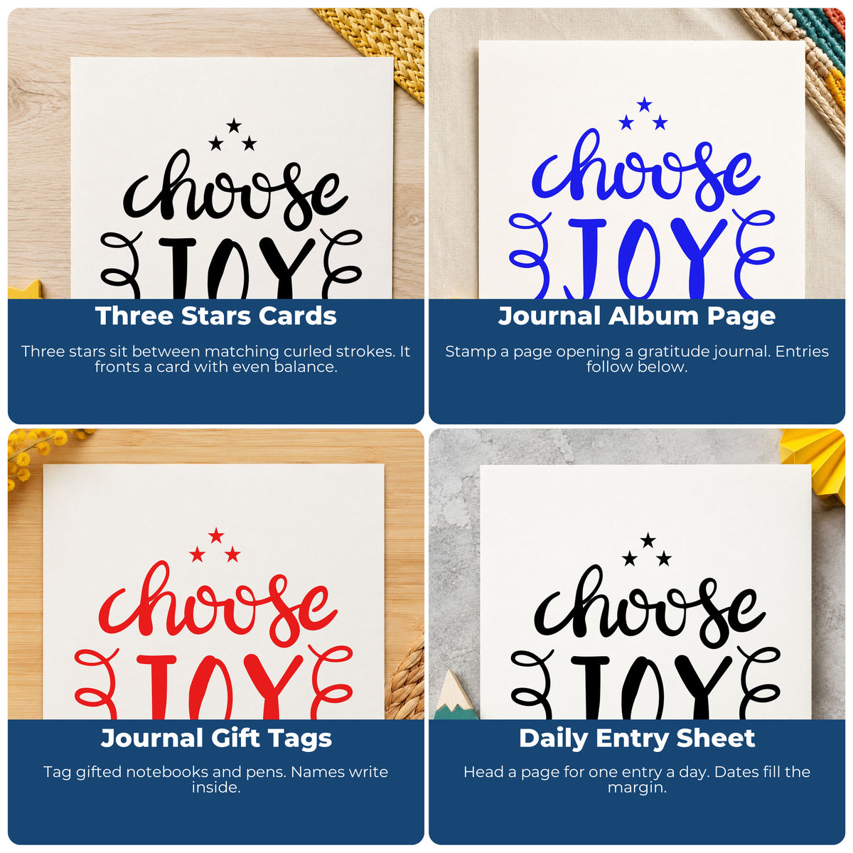 Four ways to use the Choose Joy Star Accents PSI Pre-Inked Stamp: three stars cards, journal album page, journal gift tags and daily entry sheet.