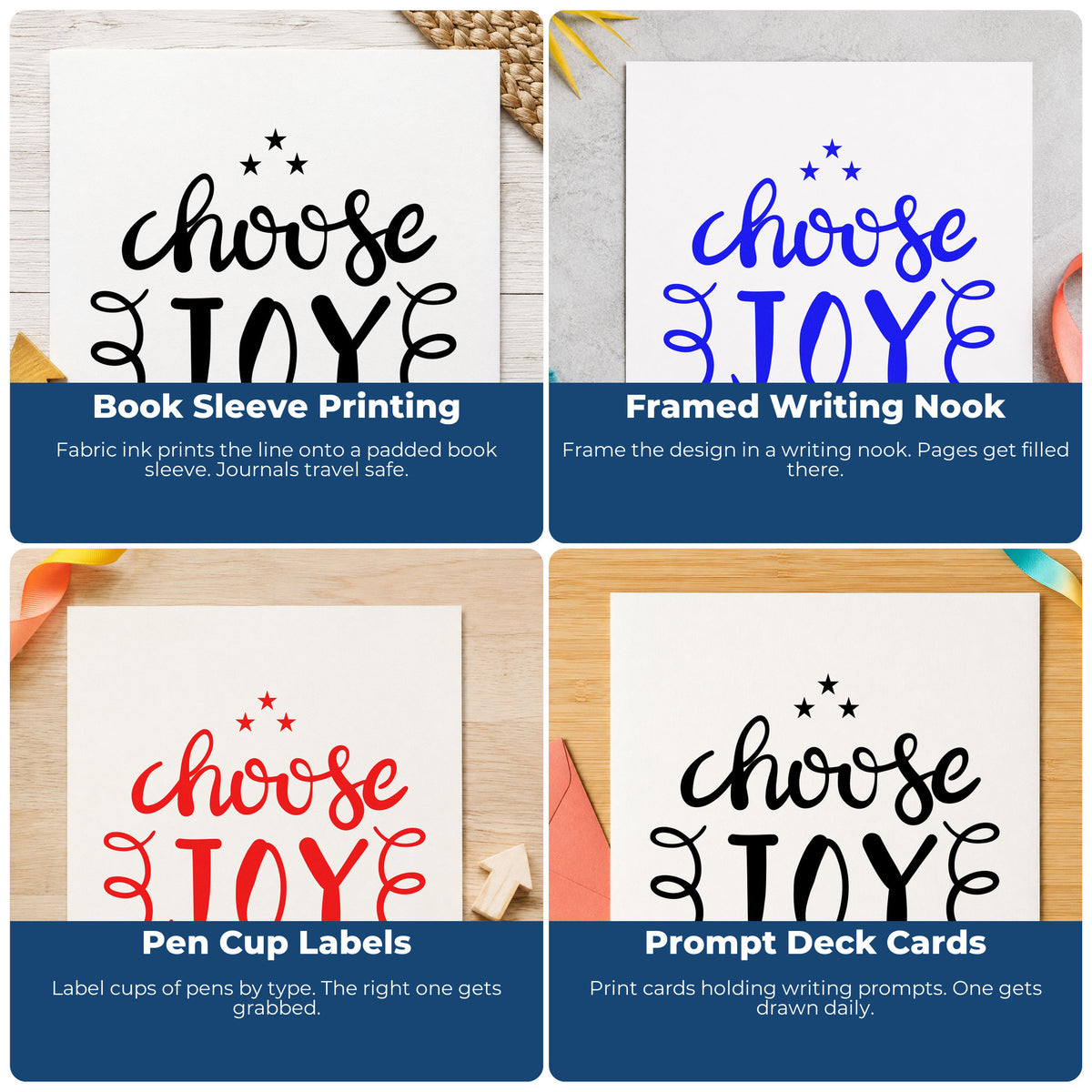 Four ways to use the Choose Joy Star Accents PSI Pre-Inked Stamp: book sleeve printing, framed writing nook, pen cup labels and prompt deck cards.