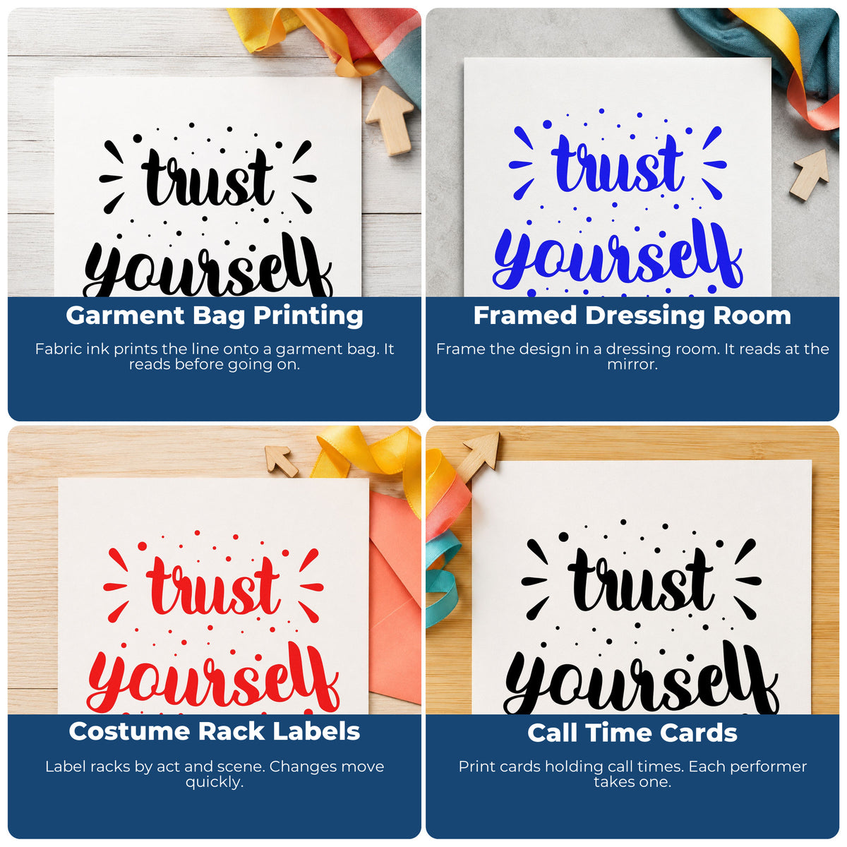 Four ways to use the Trust Yourself Dotted Lettering Self-Inking Stamp: garment bag printing, framed dressing room, costume rack labels and call time cards.
