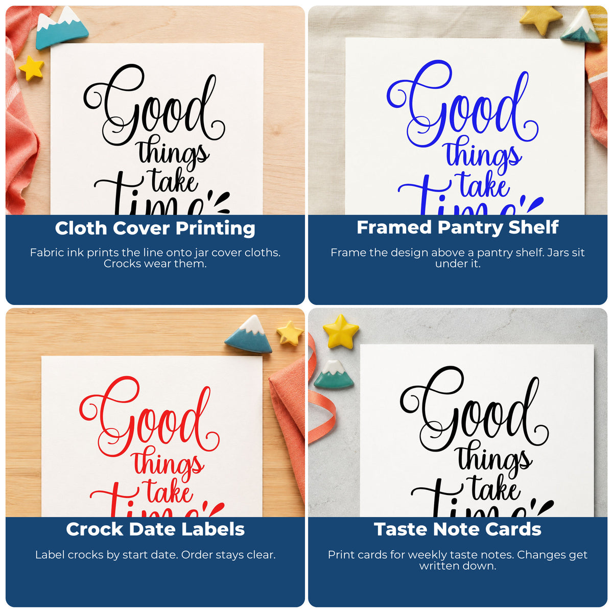 Four ways to use the Good Things Take Time Script Lettering Stamp – Self-Inking: cloth cover printing, framed pantry shelf, crock date labels and taste note cards.