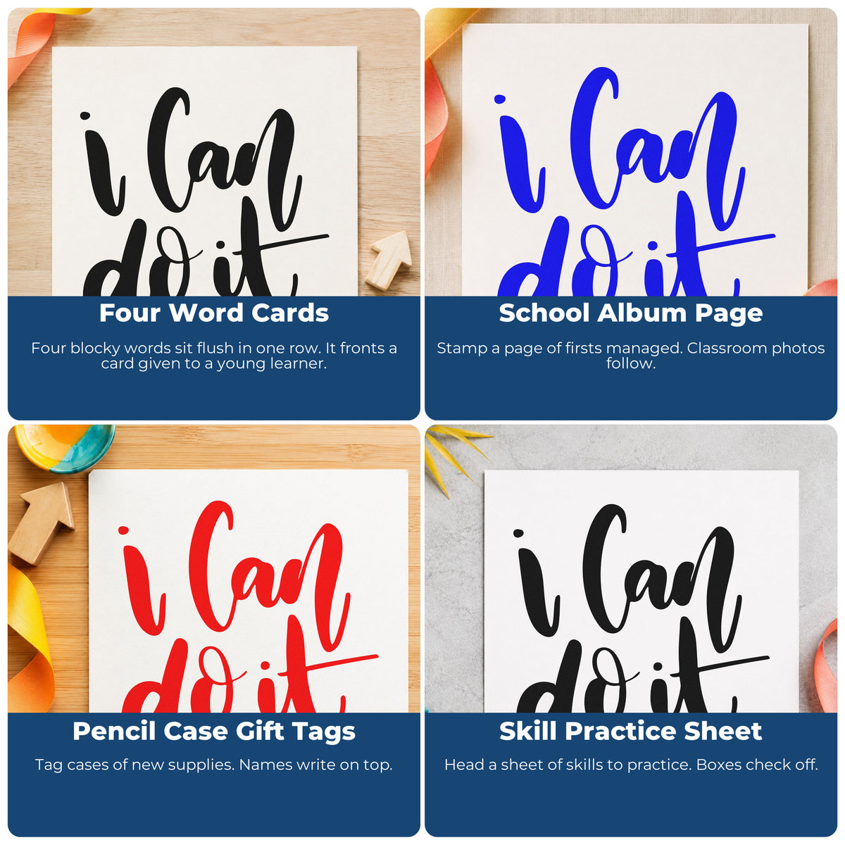 Four ways to use the I Can Do It Brush Lettering PSI Pre-Inked Stamp: four word cards, school album page, pencil case gift tags and skill practice sheet.