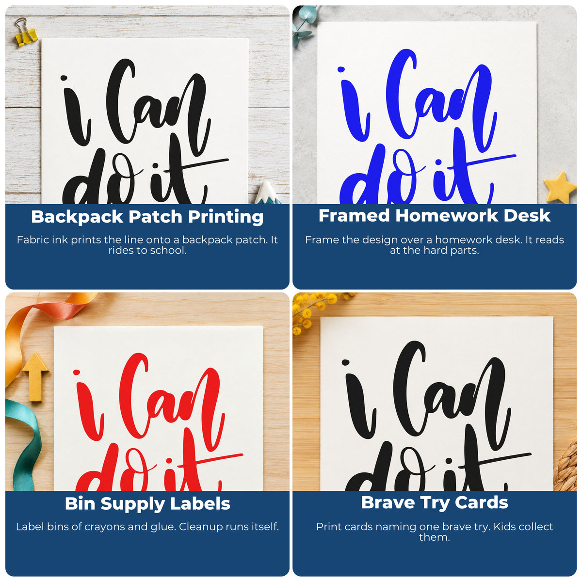 Four ways to use the I Can Do It Brush Lettering PSI Pre-Inked Stamp: backpack patch printing, framed homework desk, bin supply labels and brave try cards.