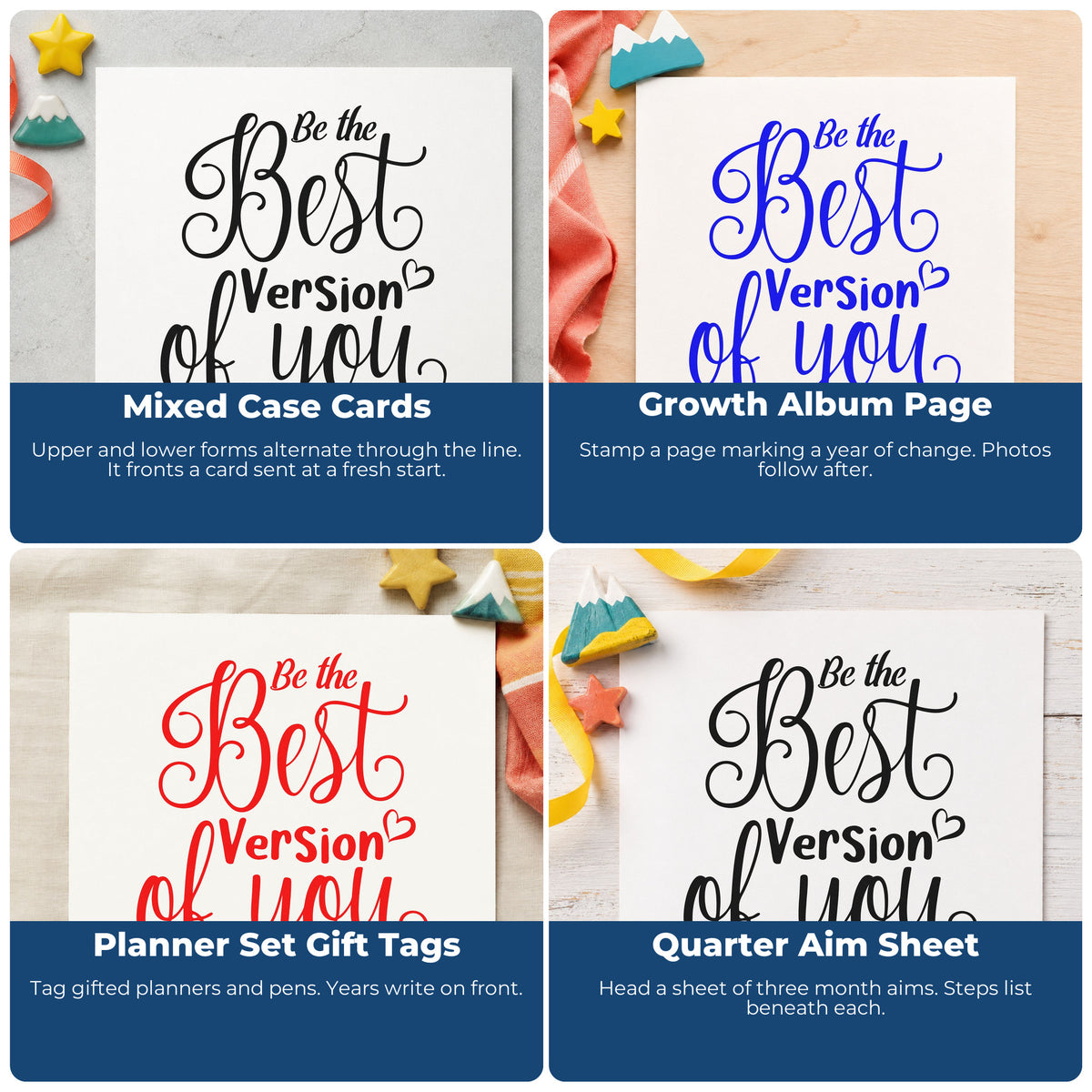Four ways to use the Be The Best Version Of You Premium Wood-Mounted Stamp - Vintage Pro: mixed case cards, growth album page, planner set gift tags and quarter aim sheet.