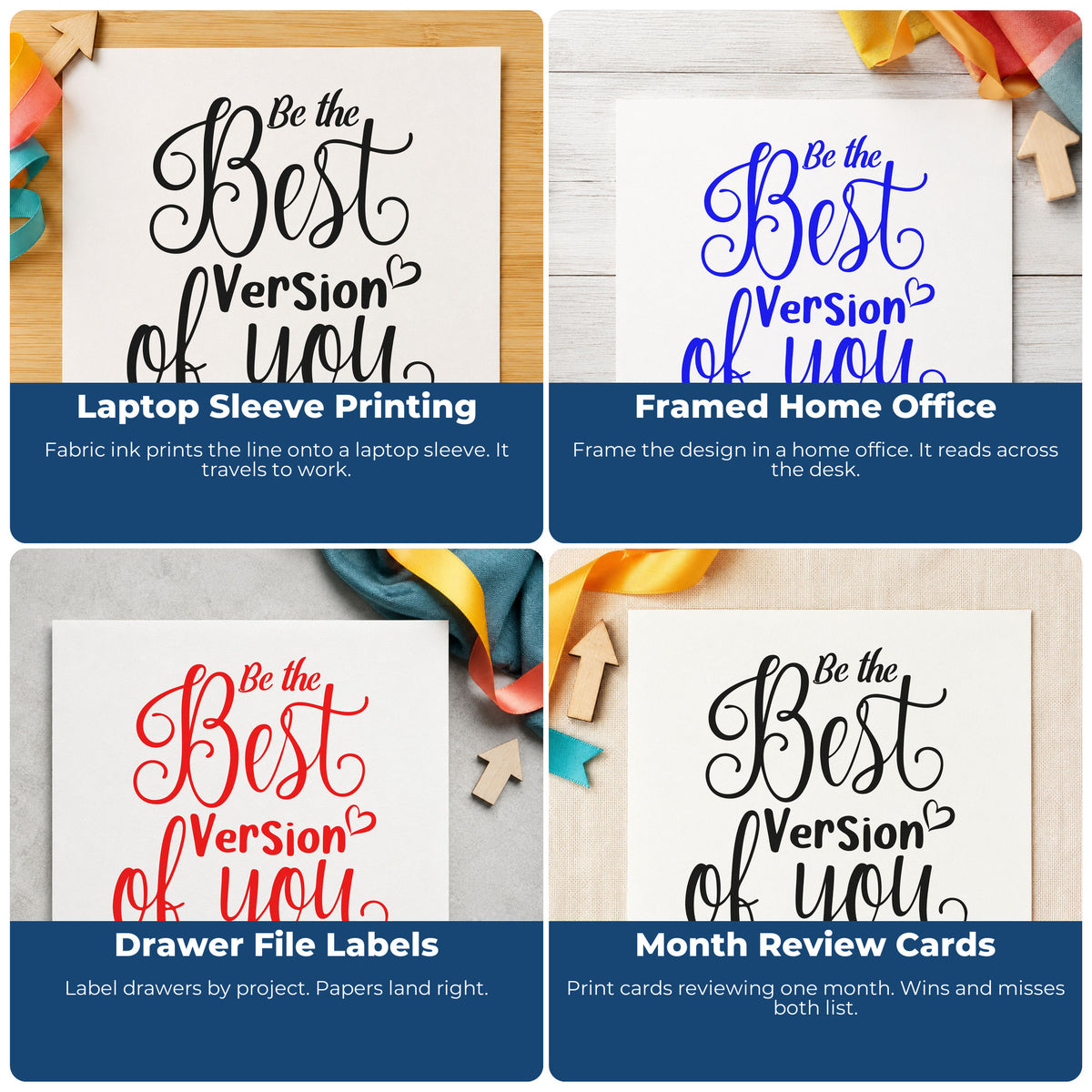 Four ways to use the Be The Best Version Of You Rubber Stamp – Wood Handle: laptop sleeve printing, framed home office, drawer file labels and month review cards.