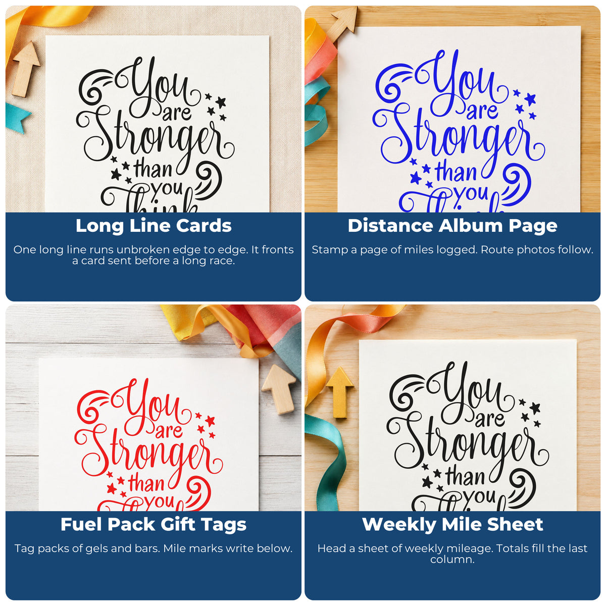 Four ways to use the Stronger Than You Think Stamp – Self-Inking: long line cards, distance album page, fuel pack gift tags and weekly mile sheet.