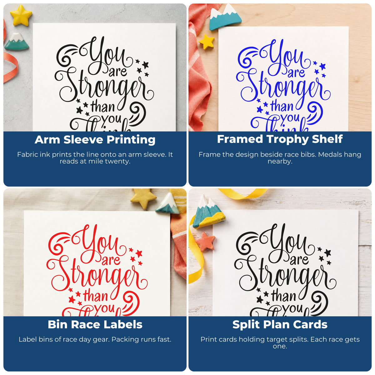 Four ways to use the Stronger Than You Think PSI Pre-Inked Stamp: arm sleeve printing, framed trophy shelf, bin race labels and split plan cards.