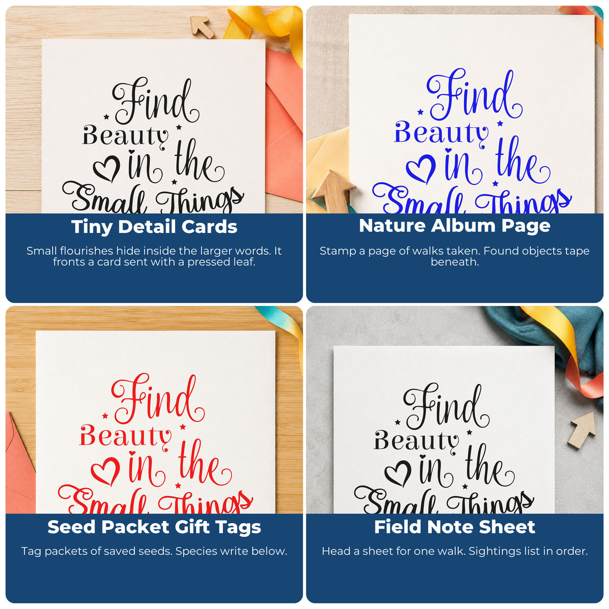 Four ways to use the Vintage Pro Find Beauty In The Small Things Premium Wooden Stamp: tiny detail cards, nature album page, seed packet gift tags and field note sheet.