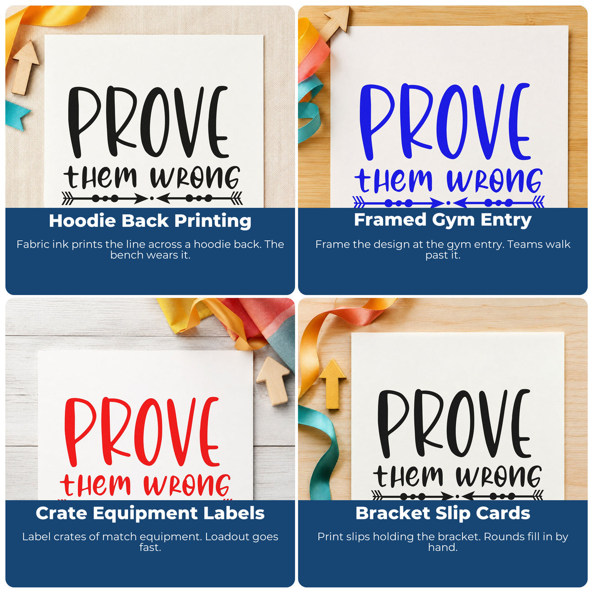 Four ways to use the Prove Them Wrong Inward Arrows Rubber Stamp – Duo Hand: hoodie back printing, framed gym entry, crate equipment labels and bracket slip cards.