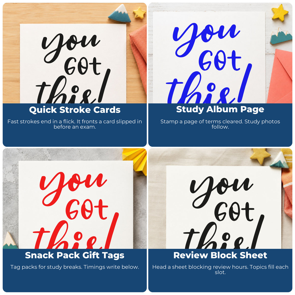 Four ways to use the You Got This! Duo Hand Stamp: quick stroke cards, study album page, snack pack gift tags and review block sheet.