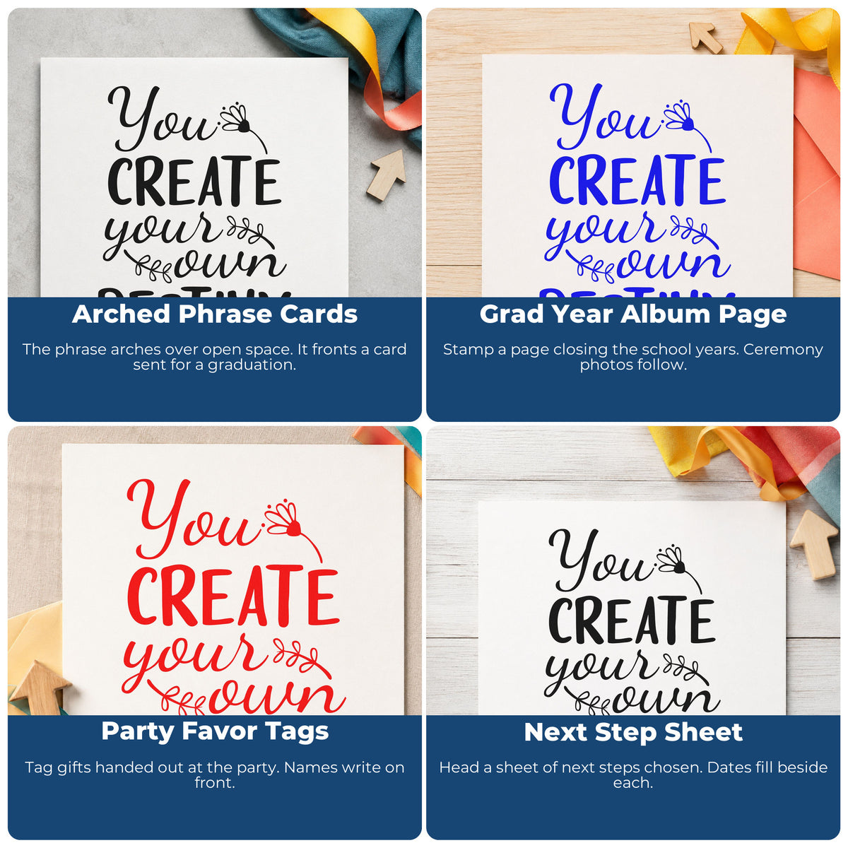 Four ways to use the You Create Your Own Destiny Stamp – Duo Hand: arched phrase cards, grad year album page, party favor tags and next step sheet.