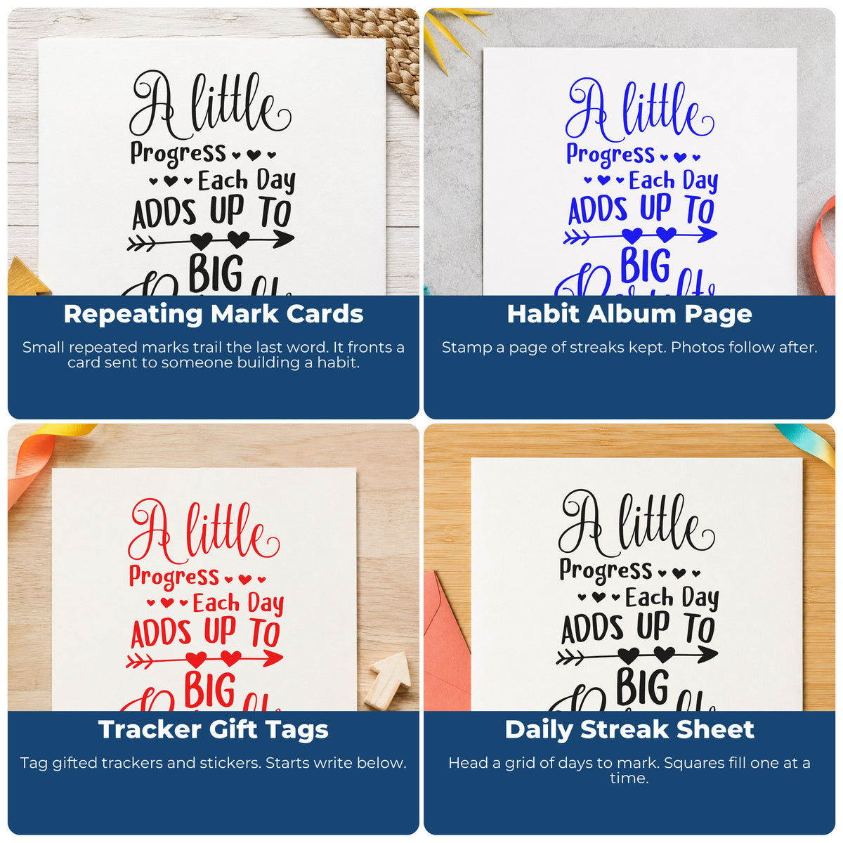 Four ways to use the Little Progress Big Results Rubber Stamp – Duo Hand: repeating mark cards, habit album page, tracker gift tags and daily streak sheet.
