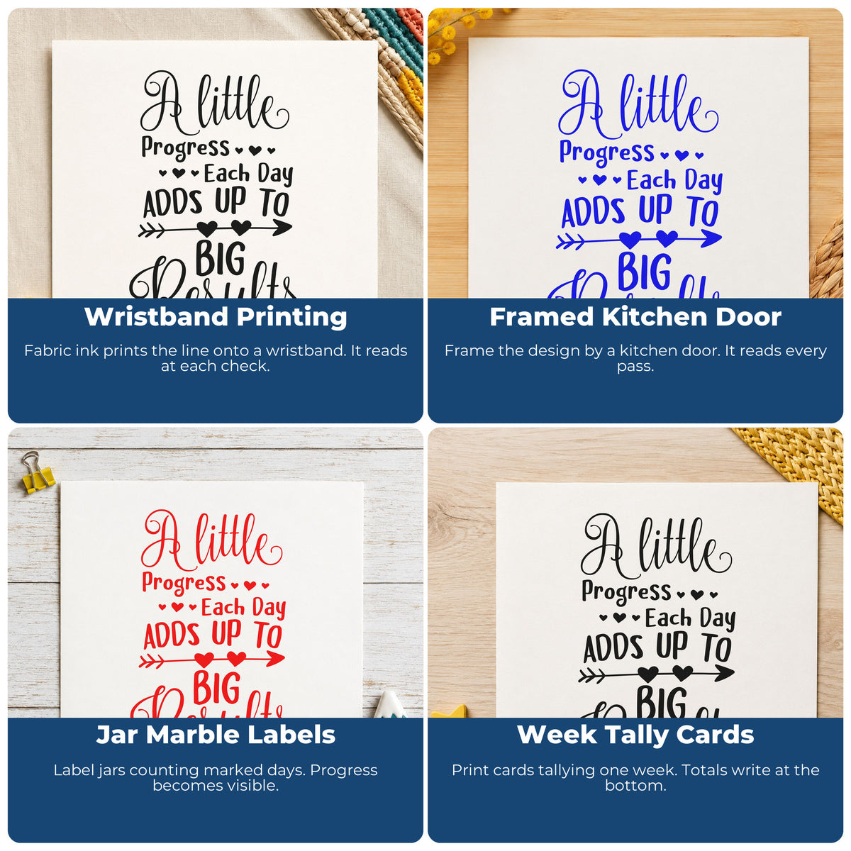 Four ways to use the Little Progress Big Results PSI Pre-Inked Stamp: wristband printing, framed kitchen door, jar marble labels and week tally cards.