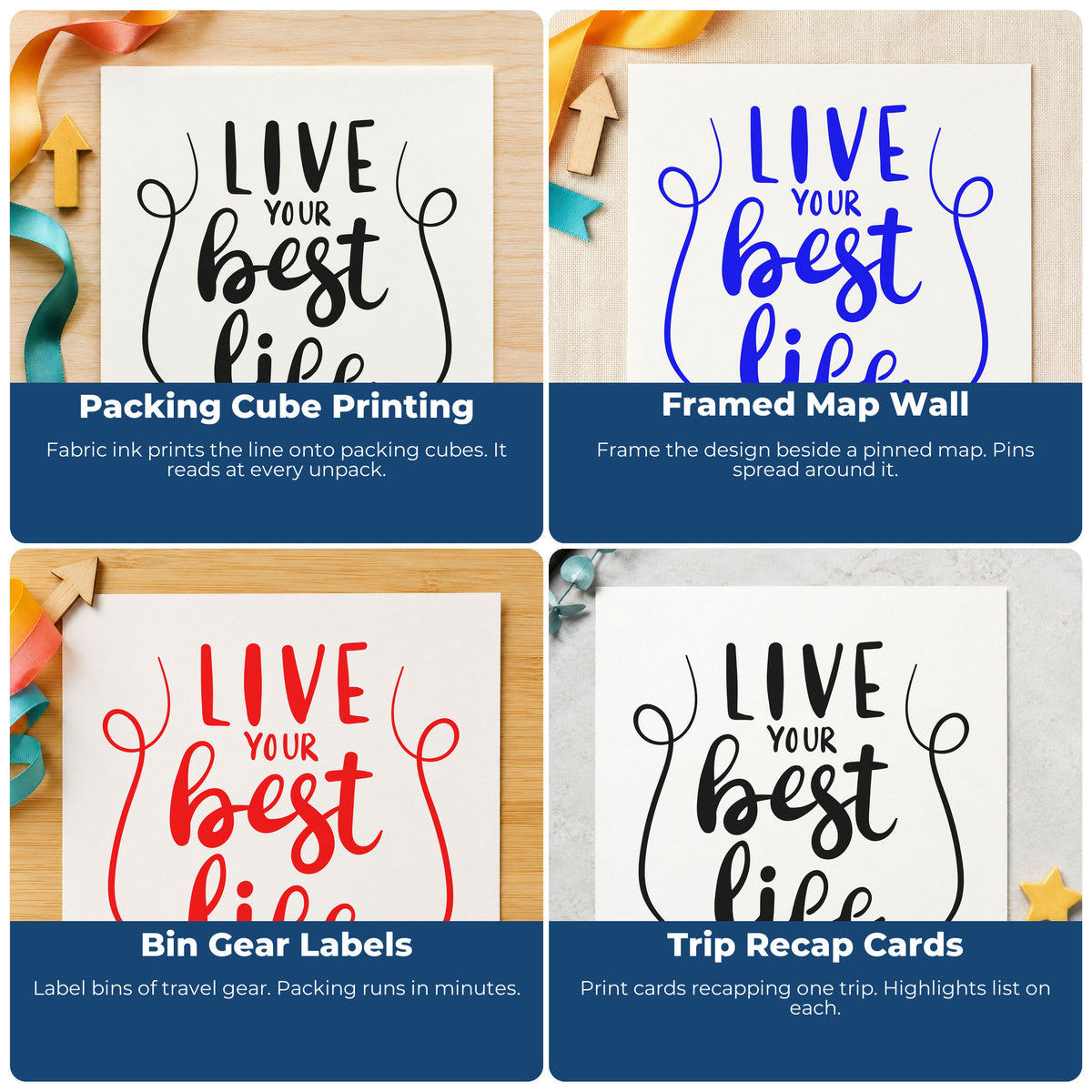 Four ways to use the Live Your Best Life Stamp – PSI Pre-Inked: packing cube printing, framed map wall, bin gear labels and trip recap cards.