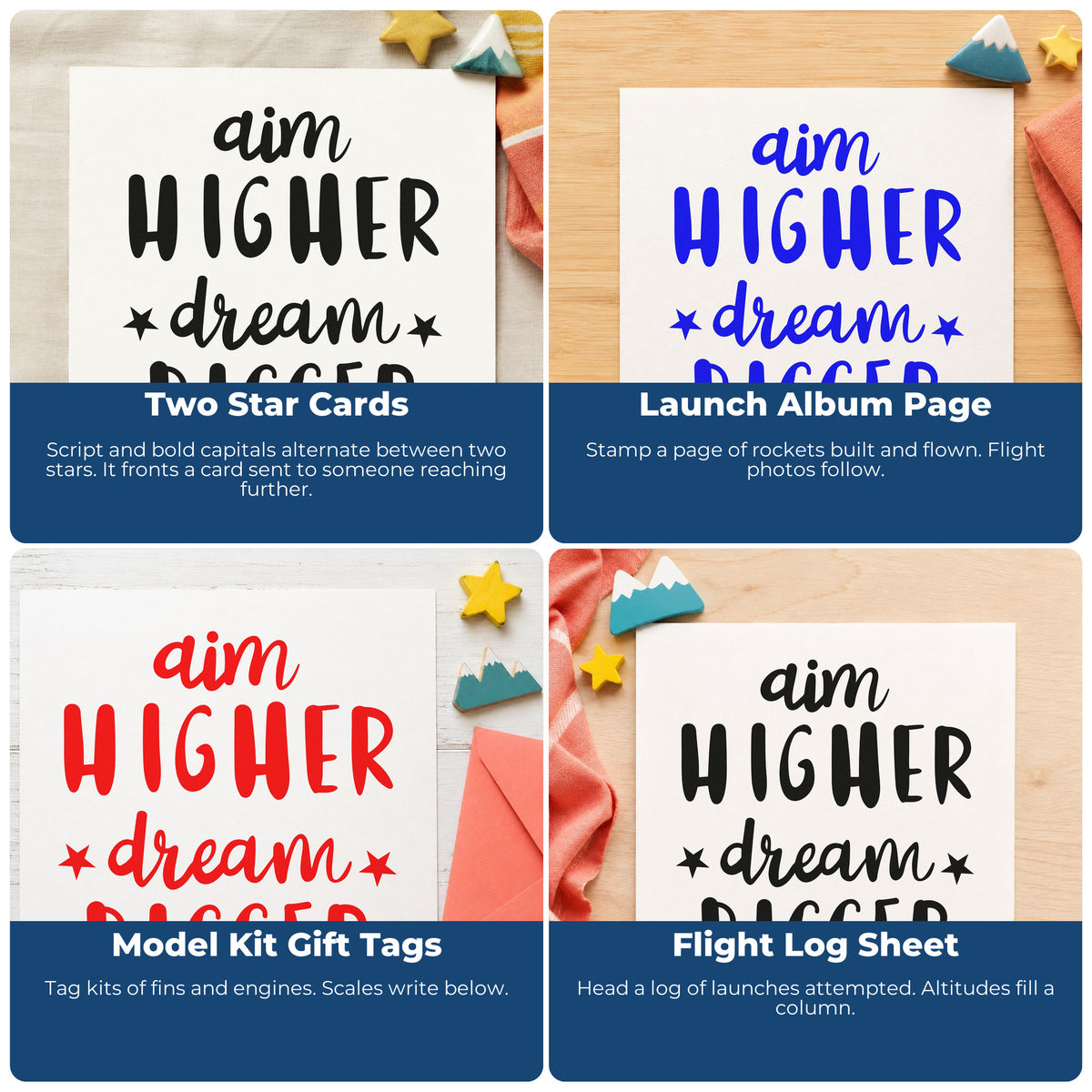 Four ways to use the Aim Higher Dream Bigger With Stars PSI Pre-Inked Stamp: two star cards, launch album page, model kit gift tags and flight log sheet.