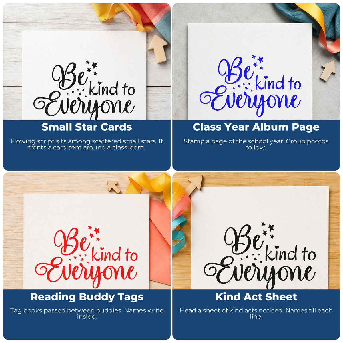 Four ways to use the Be Kind To Everyone Compact Pre-Inked Stamp – Slim: small star cards, class year album page, reading buddy tags and kind act sheet.